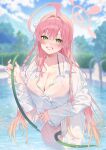  1girl blue_archive hanako_(blue_archive) hanako_(swimsuit)_(blue_archive) highres holding holding_hose hose looking_at_viewer oversized_clothes oversized_shirt pink_hair shirt solo wading wenz white_shirt 