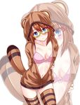  animal_costume azunyannsaiko-o bespectacled blue_eyes blush bra breasts brown_hair cleavage glasses hair_ornament highres hood hoodie lyrical_nanoha mahou_shoujo_lyrical_nanoha_strikers medium_breasts navel open_clothes smile solo striped striped_legwear tail tanuki_costume thighhighs underwear x_hair_ornament yagami_hayate zoom_layer 