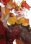 anthro areola balls big_breasts blush braixen breasts canid canine delphox duo erection female fur generation_6_pokemon genitals hand_on_breast hi_res inner_ear_fluff male male/female male_penetrating mammal nintendo nipples nude omikuro penetration penis pokemon pokemon_(species) sex simple_background tuft yellow_body