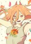  1girl armpits breast_padding chainsaw_man commentary_request confetti cross-shaped_pupils english_text engrish_text grey_tank_top gurukousu hair_between_eyes highres horns open_mouth orange_hair outstretched_arms power_(chainsaw_man) ranguage red_eyes red_horns sharp_teeth smile solo symbol-shaped_pupils tank_top teeth upper_body 