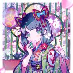  1girl black_hair blue_eyes blunt_bangs border bow cherry_blossoms commentary cup eating english_commentary floral_print flower food green_tea hair_bow hair_flower hair_ornament hands_up highres holding holding_food japanese_clothes kiato kimono lantern long_hair long_sleeves looking_at_viewer obi original paper_lantern petals print_kimono red_bow red_flower sakura_mochi sash solo tea teapot upper_body wagashi white_border wide_sleeves 