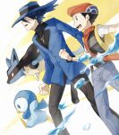  2boys backpack bag beret black_hair blue_eyes blue_hair blue_headwear grey_eyes hat lucario lucas_(pokemon) male_focus multiple_boys open_mouth piplup pokemon pokemon_(creature) pokemon_dppt pokemon_platinum red_scarf riley_(pokemon) sakurada_huwari scarf signature 