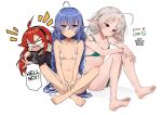  3girls ahoge arrow_(symbol) ass barefoot bikini black_hairband black_jacket blue_eyes blue_hair braid breasts clenched_hand closed_mouth elf english_text eris_greyrat green_bikini grey_hair hair_between_eyes hairband heart jacket knees_up long_hair low_twintails meme multiple_girls mushoku_tensei nakatokung navel notice_lines parted_bangs pointy_ears red_eyes red_hair roxy_migurdia shadow simple_background sitting small_breasts smile swimsuit sylphiette_(mushoku_tensei) twin_braids twintails twitter_strip_game_(meme) v-shaped_eyebrows very_long_hair wavy_mouth white_background white_bikini 