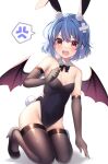  1girl absurdres alternate_costume anger_vein angry animal_ears arm_at_side armpit_crease bandaid bandaid_on_head bare_shoulders bat_wings black_bow black_bowtie black_footwear black_gloves black_leotard black_thighhighs blue_hair blush bow bowtie breasts cleavage clenched_hand commentary_request covered_navel curvy detached_collar elbow_gloves fake_animal_ears fake_tail fang frown gloves groin hair_between_eyes hair_ornament hand_up high_heels highleg highleg_leotard highres kneeling knees_out_of_frame knees_together_feet_apart leotard looking_at_viewer open_mouth playboy_bunny pom_pom_(clothes) pom_pom_hair_ornament rabbit_ears rabbit_tail red_eyes remilia_scarlet ruhika shiny_clothes short_hair sidelighting simple_background small_breasts solo speech_bubble spoken_anger_vein strapless strapless_leotard tail tears thighhighs thighs touhou v-shaped_eyebrows white_background wings 