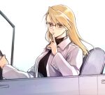  1girl bespectacled black-framed_eyewear black_shirt blonde_hair breasts brown_eyes car closed_mouth driving finger_to_mouth from_side fullmetal_alchemist glasses hair_down hand_up highres index_finger_raised jacket large_breasts long_sleeves looking_at_viewer motor_vehicle official_alternate_costume open_clothes open_jacket over-rim_eyewear riza_hawkeye semi-rimless_eyewear shirt shushing simple_background solo swept_bangs takafuji_yuna turtleneck twitter_username upper_body white_background white_jacket 