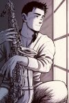  1boy 3kaku_mimi absurdres black_hair blue_giant greyscale highres holding holding_instrument indoors instrument long_sleeves looking_outside male_focus miyamoto_dai monochrome short_hair sitting solo tenor_saxophone window 