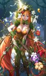  1girl blue_eyes breasts bug butterfly flower forest gloves hair_flower hair_ornament highres leaf_hair_ornament leaning_forward leotard long_hair monster_girl nature orange_hair orange_leotard original plant plant_girl staff standing strapless strapless_leotard very_long_hair vines yuxing_yuhang 