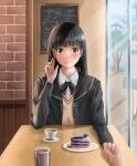  1other 2girls absurdres amagami ayatsuji_tsukasa black_eyes black_hair black_jacket black_ribbon black_sailor_collar blazer cafe cake cake_slice closed_mouth coffee_cup collared_shirt cup disposable_cup fie_nanoo food hand_up highres holding_hands jacket kibito_high_school_uniform long_hair long_sleeves looking_at_viewer menu_board multiple_girls neck_ribbon pov pov_hands ribbon sailor_collar school_uniform shirt solo_focus straight_hair sweater_vest table white_shirt window yellow_sweater_vest 