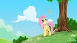  blue_eyes bushes butterfly cloud clouds cutie_mark equine female feral flower fluttershy_(mlp) friendship_is_magic fur grass hair horse insect mammal my_little_pony mysticalpha outside pegasus pink_hair pony sky solo tree wings wood yellow_fur 