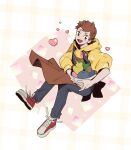  1boy apron berry_(pokemon) bowl brown_apron brown_eyes brown_hair heart highres holding holding_bowl hood hoodie inco_(inco_pkmn) korean_commentary male_focus official_alternate_costume oran_berry pants pokemon pokemon_masters_ex sitrus_berry smile solo victor_(palentine&#039;s_2024)_(pokemon) victor_(pokemon) 