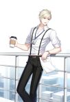  1boy 2022 against_railing belt black_belt black_pants blonde_hair building business_suit closers coffee_cup collared_shirt cup disposable_cup dress_shirt feet_out_of_frame highres holding holding_cup holding_paper id_card lanyard looking_to_the_side male_focus official_art open_mouth pant_suit pants paper paperclip railing red_eyes salaryman shirt short_hair sleeves_pushed_up solo square_mouth standing suit suspenders sweat turning_head watch white_background white_shirt wolfgang_schneider wristwatch 