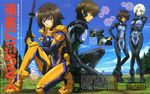  1boy 3girls blonde_hair bodysuit brown_hair dark_skin long_hair multiple_girls muvluv muvluv_alternative muvluv_total_eclipse purple_eyes stella_bremer sword takamura_yui tarisa_manandal weapon yuuya_bridges 