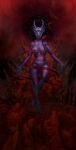 absurd_res anthro black_body black_skin bone breasts clothed clothing demon detailed_background digital_media_(artwork) female halo hi_res horn humbleguest jinn muscular muscular_anthro red_eyes red_sky ribbons skull sky solo tattoo yetzer_hara