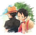  2boys aco_peda back black_hair black_shirt child collared_shirt commentary_request hat looking_up male_focus monkey_d._luffy multiple_boys one_piece orange_headwear portgas_d._ace profile red_shirt scar scar_on_face shirt short_hair short_sleeves signature sky sleeveless sleeveless_shirt smile straw_hat tree upper_body 