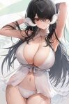  1girl absurdres arms_behind_head arms_up au_ra babydoll black_hair blush breasts cleavage cowboy_shot cyobiro dragon_horns final_fantasy final_fantasy_xiv hair_over_one_eye hair_spread_out highres horns large_breasts long_hair looking_at_viewer navel panties parted_lips red_eyes solo sweat underwear warrior_of_light_(ff14) white_babydoll white_background white_panties 