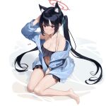  1girl absurdres animal_ear_fluff animal_ears bare_legs barefoot bikini black_bikini black_hair blue_archive blue_shirt blush breasts cat_ears cleavage closed_mouth collarbone extra_ears frilled_bikini frills halo highres long_hair long_sleeves looking_at_viewer medium_breasts navel not_forever2w official_alternate_costume red_eyes red_halo serika_(blue_archive) serika_(swimsuit)_(blue_archive) shirt solo swimsuit toes twintails 