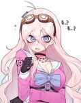  1girl antenna_hair barbed_wire black_choker black_gloves blonde_hair blue_eyes blush bow bowtie breasts choker cleavage commentary_request d: danganronpa_(series) danganronpa_v3:_killing_harmony fingerless_gloves gloves goggles goggles_on_head green_bow green_bowtie highres iruma_miu korean_commentary large_breasts leegal_kkyu long_hair o-ring pink_shirt shirt simple_background solo teeth translation_request upper_body upper_teeth_only 