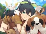  :t animal bird black_hair bunny cat chipmunk cockatoo crocodile crocodilian dog ganaha_hibiki green_eyes hamster hamuzou hitoto idolmaster idolmaster_(classic) inumi long_hair looking_at_viewer one_eye_closed pig ponytail safari_jacket shorts solo squirrel st_bernard yellowtip_cockatoo 