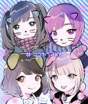  4girls animification black_choker black_hair blue_background blunt_bangs brown_eyes brown_hair character_request choker closed_mouth drawn_ears drawn_whiskers green_eyes hand_up kiato looking_at_viewer multiple_girls pink_hair purple_eyes purple_hair real_life red_scarf scarf short_hair smile striped_background tongue tongue_out twintails upper_body v yellow_eyes 