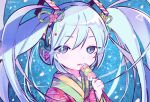  1girl blue_background blue_eyes blue_hair dango food green_ribbon hair_ornament hair_ribbon hand_up hatsune_miku headphones headset holding holding_food japanese_clothes kiato kimono long_hair long_sleeves looking_at_viewer red_kimono ribbon sanshoku_dango signature solo tongue tongue_out twintails upper_body very_long_hair vocaloid wagashi 