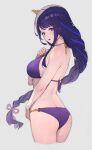  1girl :d absurdres ass bare_arms bare_shoulders bikini blush braid braided_ponytail breasts from_behind genshin_impact grey_background hair_ornament highres large_breasts long_hair looking_at_viewer looking_back open_mouth purple_bikini purple_eyes purple_hair raiden_shogun simple_background smile solo sooon swimsuit 