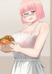  1girl atgsanz_(wttoo0000) black-framed_eyewear blunt_bangs blush bob_cut breasts burger dress food glasses highres holding holding_food indoors large_breasts looking_at_viewer medium_hair mole mole_under_eye original pink_hair purple_eyes see-through see-through_dress semi-rimless_eyewear solo standing sweat under-rim_eyewear white_dress 