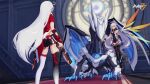  2girls ahoge bare_shoulders benares_(honkai_impact) breasts copyright_name dragon dual_persona elbow_gloves full_body gloves gun hair_ornament highres holding holding_gun holding_weapon honkai_(series) honkai_impact_3rd kiana_kaslana kiana_kaslana_(herrscher_of_the_void) kiana_kaslana_(void_drifter) logo long_hair multiple_girls official_art second-party_source symbol-shaped_pupils thighhighs weapon white_hair wings yellow_eyes 