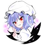  1girl blue_hair blush close-up closed_mouth colored_eyelashes commentary fang from_side hair_between_eyes hat heart kyuu_cat lens_flare looking_at_viewer mob_cap red_eyes remilia_scarlet short_hair simple_background sketch solo touhou tsurime v white_background white_headwear 
