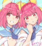  2girls antenna_hair apollo_(kaminomi) happy_birthday kami_nomi_zo_shiru_sekai looking_at_viewer multiple_girls nakagawa_kanon official_art open_mouth pink_eyes pink_hair school_uniform short_hair simple_background tagme wakaki_tamiki 