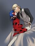  bdsm blonde_hair blue_hair boy_on_top felix_(miraculous_ladybug) ladybug_(character) leash leash_pull masked miraculous_ladybug skinsuit suit superhero 