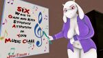 2024 3d_(artwork) 5_fingers absurd_res annoyed anthro areola areola_slip arm_under_breasts big_breasts blush boss_monster_(undertale) bottomless breasts breasts_apart cardigan classroom clothed clothing clothing_pull covering covering_self crotch_lines curvy_figure digital_media_(artwork) drumming_stick english_text exhibitionism eyelashes eyeliner eyewear female fingers flesh_fang frown fur furrowed_brow glasses hi_res holding_object horn ineffective_clothing jaskitohura leaning leaning_forward looking_at_viewer makeup musical_note narrowed_eyes natural_breasts navel open_clothing open_topwear partially_clothed percussion_mallet pink_areola pointer poster purple_clothing red_eyes school signature slightly_chubby slightly_chubby_female solo speaker squint standing teacher text thick_thighs topwear topwear_only toriel undertale_(series) white_body white_fur wide_hips
