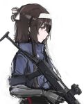  1girl android blue_jacket brown_eyes brown_hair closed_mouth expressionless from_side girls&#039;_frontline gun hair_between_eyes hair_ribbon hairband holding holding_gun holding_weapon jacket looking_ahead looking_down mechanical_arms rampart1028 ribbon scope short_hair_with_long_locks sidelocks simple_background single_mechanical_arm solo submachine_gun type_79_(girls&#039;_frontline) type_79_smg weapon white_background white_hairband white_ribbon 