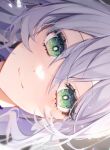  1girl 58_(opal_00_58) absurdres closed_mouth colored_inner_hair eyelashes green_eyes grey_background grey_hair hair_between_eyes highres honkai:_star_rail honkai_(series) long_hair looking_at_viewer multicolored_hair purple_hair robin_(honkai:_star_rail) simple_background smile solo upper_body 