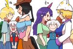  4girls antlers between_breasts black_hair blank_eyes blonde_hair breasts closed_eyes cowboy_hat flat_chest fox_tail hat head_between_breasts horns kasugai_(de-tteiu) kicchou_yachie kurokoma_saki large_breasts multiple_girls multiple_tails muscular muscular_female purple_hair red_eyes single_horn smile tail tenkajin_chiyari touhou toutetsu_yuuma turtle_shell yakumo_ran yuri 