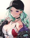  1girl absurdres bare_shoulders baseball_cap blush bra_strap breasts choker cleavage crop_top green_hair hat highres jacket jewelry large_breasts long_hair looking_at_viewer mole mole_on_breast multicolored_hair necklace open_mouth pink_nails purple_eyes purple_hair ruo19 streaked_hair upper_body virtual_youtuber vspo! yakumo_beni 