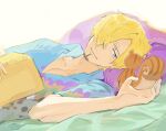  1boy blonde_hair blue_shirt book closed_mouth facial_hair goatee grey_eyes hair_over_one_eye holding holding_book lying male_focus mustache_stubble on_back one_piece pectoral_cleavage pectorals pillow sanji_(one_piece) shirt short_hair solo squirrel stubble tokoni_fusu 