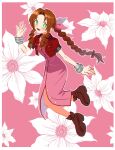  1girl aerith_gainsborough blush boots bow braid brown_footwear brown_hair dress drill_hair final_fantasy final_fantasy_vii floral_background flower full_body green_eyes hair_bow hair_ribbon highres long_hair melkymelkii open_mouth pink_dress ribbon shoes short_sleeves single_braid solo very_long_hair 