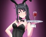  1girl animal_ears black_bow black_bowtie black_eyes black_hair black_leotard bow bowtie breasts character_request cleavage closed_mouth copyright_request cup detached_collar drinking_glass fake_animal_ears gloves hand_on_own_hip highres holding holding_tray leotard long_hair looking_at_viewer medium_breasts pink_gloves playboy_bunny rabbit_ears smile solo tray upper_body white_wrist_cuffs wine_glass wrist_cuffs 