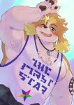 absurd_res amidasuke anthro blonde_hair blush canid canine canis clothing domestic_dog floppy_ears hair hi_res hisaki_(live_a_hero) jewelry lifewonders live_a_hero male mammal musclegut muscular necklace one_eye_closed pawpads shirt smile solo tank_top tattoo topwear wink