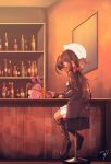  1girl artist_name artist_self-insert bar_(place) black_coat black_eyes black_footwear black_hair boots bottle bow carrot closed_mouth coat commentary cup dark-skinned_female dark_skin dated dixie_cup_hat drinking_glass girls_und_panzer hair_bow hat hat_feather highres indoors jinguu_(4839ms) knee_boots long_coat long_hair long_sleeves looking_at_another military_hat miniskirt ogin_(girls_und_panzer) ooarai_naval_school_uniform open_clothes open_coat pleated_skirt ponytail rabbit red_bow sailor school_uniform signature sitting skirt smile solo stool white_headwear white_skirt 