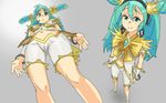  alternate_costume aqua_eyes aqua_hair arm_warmers bangle bike_shorts blush bracelet cameltoe earrings flat_chest foreshortening from_above from_below hair_ornament hatsune_miku headphones headset jewelry kiriririn long_hair multiple_views navel smile song_request twintails two_side_up vocaloid 