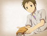  bag blush breast_pocket brown_eyes brown_hair buttons closed_mouth cloud collared_shirt dress_shirt dutch_angle foreshortening fukube_satoshi gradient gradient_background holding holding_bag hyouka male_focus pocket puzzle_piece rito453 shirt short_sleeves smile solo table upper_body wing_collar 