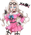  1girl :p amamiya_mika antenna_hair barbed_wire black_choker blonde_hair blue_eyes breasts choker cleavage collarbone cowboy_shot danganronpa_(series) danganronpa_v3:_killing_harmony fang fingerless_gloves gloves goggles goggles_on_head hair_between_eyes highres iruma_miu large_breasts long_hair o-ring pink_shirt pink_skirt sailor_collar shirt simple_background skirt solo teeth tongue tongue_out upper_teeth_only white_background white_sailor_collar 