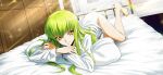  1girl artist_request barefoot bed_sheet blurry blurry_background blush bottomless c.c. closed_mouth code_geass code_geass:_lost_stories crossed_arms depth_of_field dutch_angle feet full_body game_cg green_hair hair_between_eyes happy highres indoors legs light_rays long_hair long_sleeves looking_at_viewer lying non-web_source official_art on_bed on_pillow on_stomach pillow shirt sidelocks smile solo sparkle thighs white_shirt yellow_eyes 