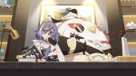  1girl animal bird black_gloves black_hair book cat chicken chinese_clothes choker copyright_name fingerless_gloves fu_hua fu_hua_(herrscher_of_sentience) glasses gloves grey_hair hair_ornament highres honkai_(series) honkai_impact_3rd indoors jingwei_(bird) lamp logo long_hair looking_at_viewer monocle official_art pince-nez poster_(object) red_eyes second-party_source smile table 