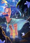  1girl armpits belly_dancing bikini birthday blue_hair bracelet breasts commentary crescent_moon dagger dancer earrings grin highres jewelry knife long_hair looking_at_viewer love_live! love_live!_sunshine!! macken matsuura_kanan medium_breasts moon night night_sky one_eye_closed purple_eyes sky smile solo star_(sky) starry_sky swimsuit weapon 