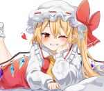  1girl 2023 ;d arm_support ascot blonde_hair blush bow clenched_hand commentary_request crossed_bangs crystal dated_commentary eyelashes feet_up flandre_scarlet grin hair_between_eyes hand_on_own_cheek hand_on_own_face happy hat hat_bow head_rest heart highres koroyarou long_hair long_sleeves looking_at_viewer lying mob_cap notice_lines on_stomach one_eye_closed puffy_long_sleeves puffy_sleeves red_bow red_eyes red_skirt red_vest shirt side_ponytail simple_background skirt slit_pupils smile solo the_pose touhou tsurime vest white_background white_headwear white_shirt wings yellow_ascot 