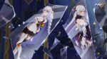  2girls ahoge blue_eyes breasts broken_glass copyright_name crosshair_pupils elbow_gloves glass gloves hair_ornament hairband highres honkai_(series) honkai_impact_3rd kiana_kaslana kiana_kaslana_(herrscher_of_the_void) kiana_kaslana_(white_comet) logo long_hair multiple_girls official_art second-party_source symbol-shaped_pupils twintails white_hair yellow_eyes 