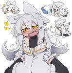  &gt;_&lt; 1girl 1other :d :q ^^^ ahoge animal_ears aroused bare_shoulders black_shirt black_thighhighs blush cellphone closed_eyes closed_mouth commentary_request dorodra_(kisaragi_kaya) dripping drooling facing_another grey_hair grey_sweater half-closed_eyes heart holding holding_phone index_finger_raised kisaragi_kaya long_hair looking_at_viewer motion_lines mouth_drool multiple_views notice_lines off-shoulder_sweater off_shoulder original phone pillow sharp_teeth shirt simple_background sleeveless sleeveless_shirt sleeveless_turtleneck smartphone smile straddling sweater teeth thick_eyebrows thighhighs tongue tongue_out turtleneck turtleneck_shirt upper_teeth_only very_long_hair white_background yellow_eyes zettai_ryouiki 