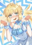  1girl @_@ ahoge artoria_caster_(fate) artoria_pendragon_(fate) blonde_hair blue_bow blue_dress blue_ribbon blush bow breasts cleavage dress embarrassed fate/grand_order fate_(series) green_eyes highres looking_at_viewer open_mouth ribbon solo sweat tokoni_fusu twintails wrist_cuffs 